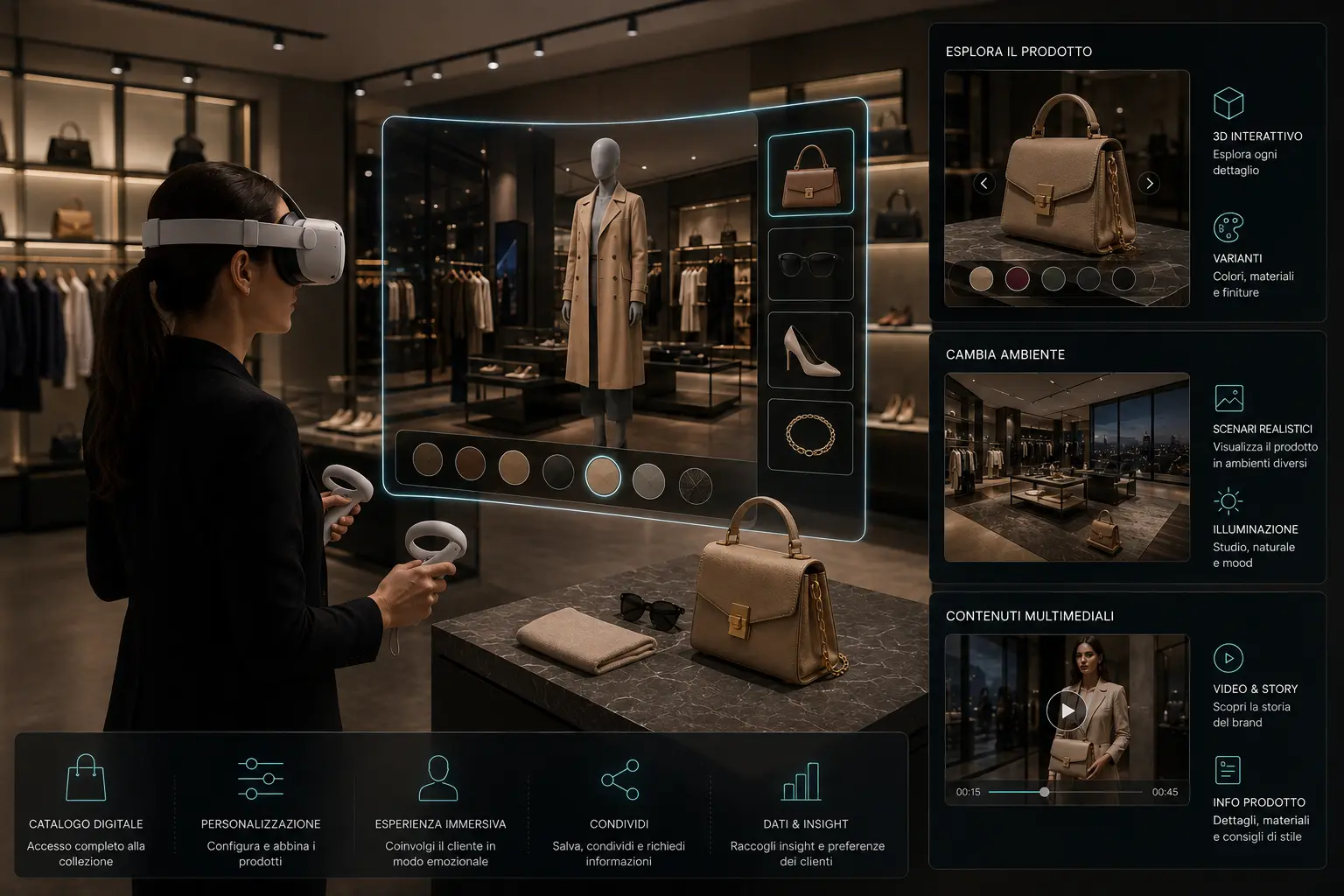 Cliente con visore VR esplora prodotti, configurazioni e contenuti fashion all’interno di uno showroom virtuale interattivo