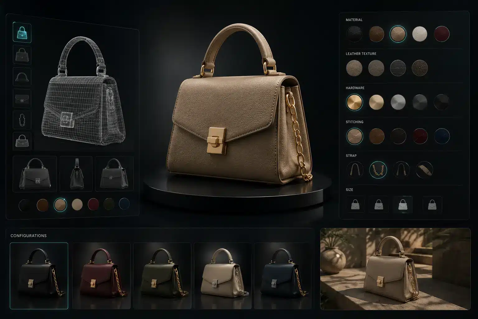 Configuratore 3D permette di personalizzare materiali, colori e finiture di una borsa fashion in tempo reale