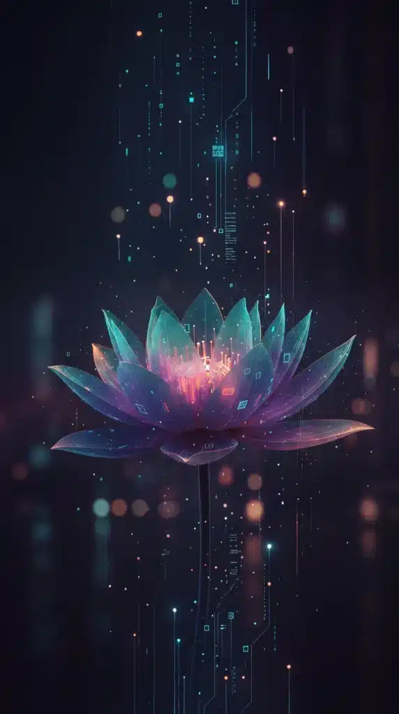 Fiore di loto digitale con elementi luminosi e grafica tecnologica su sfondo scuro
