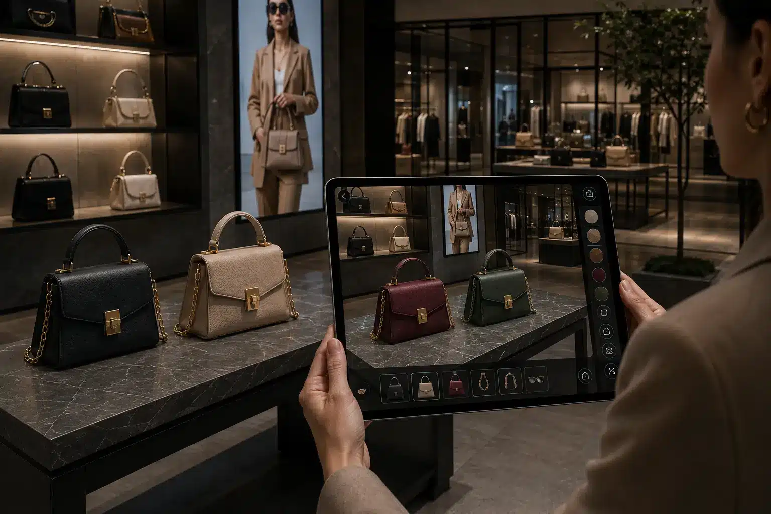 Cliente utilizza la realtà aumentata per visualizzare varianti di prodotti fashion all’interno di un punto vendita