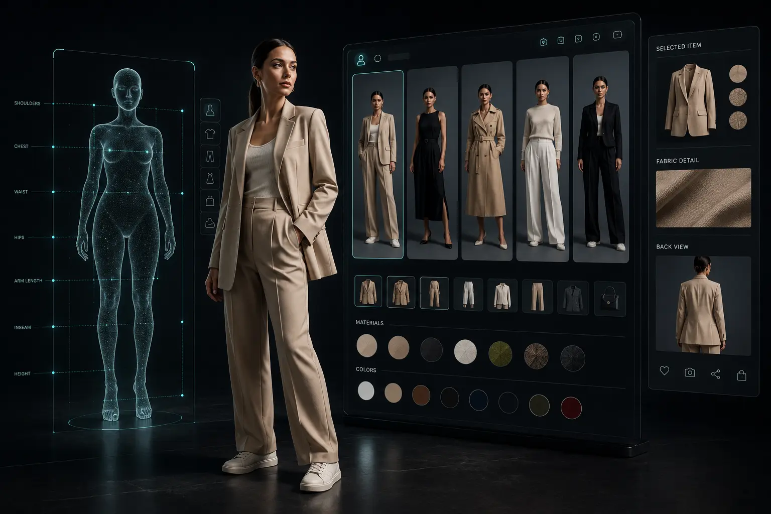 Modella affiancata da digital twin e sistema Virtual Try-On per provare digitalmente diversi capi fashion