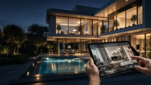 Tablet mostra come configurare gli interni in realtà aumentata di una villa con piscina reale