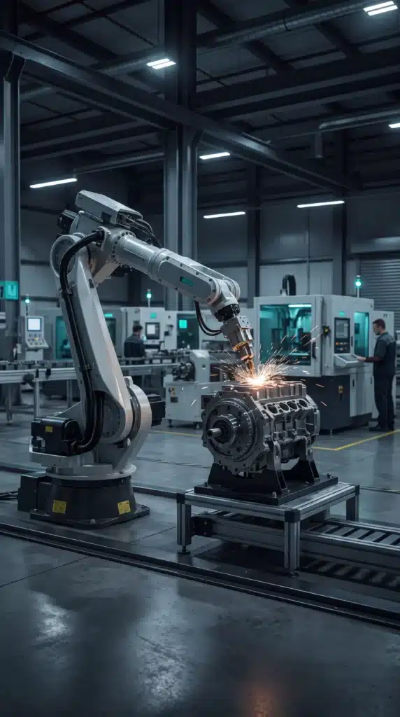 Bracci robotici industriali in una moderna linea di produzione automatizzata Industria