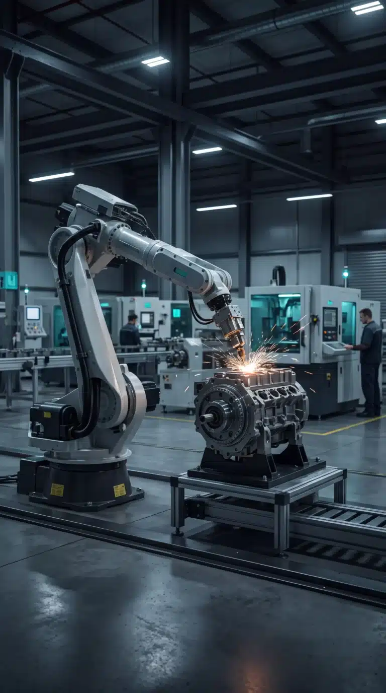 Bracci robotici industriali in una moderna linea di produzione automatizzata