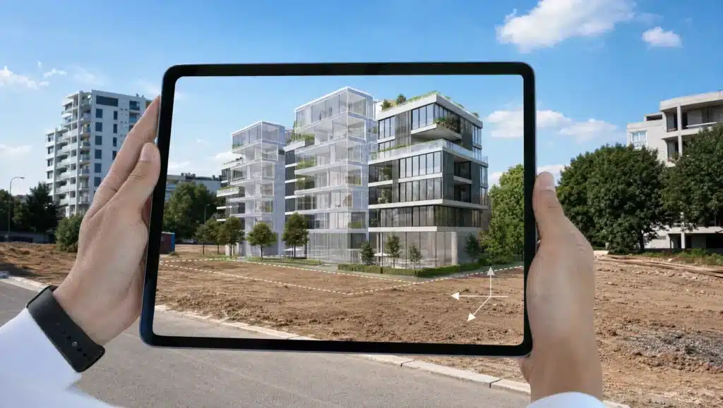 Tablet mostra in realtà aumentata un edificio 3D sovrapposto al lotto reale prima della costruzione