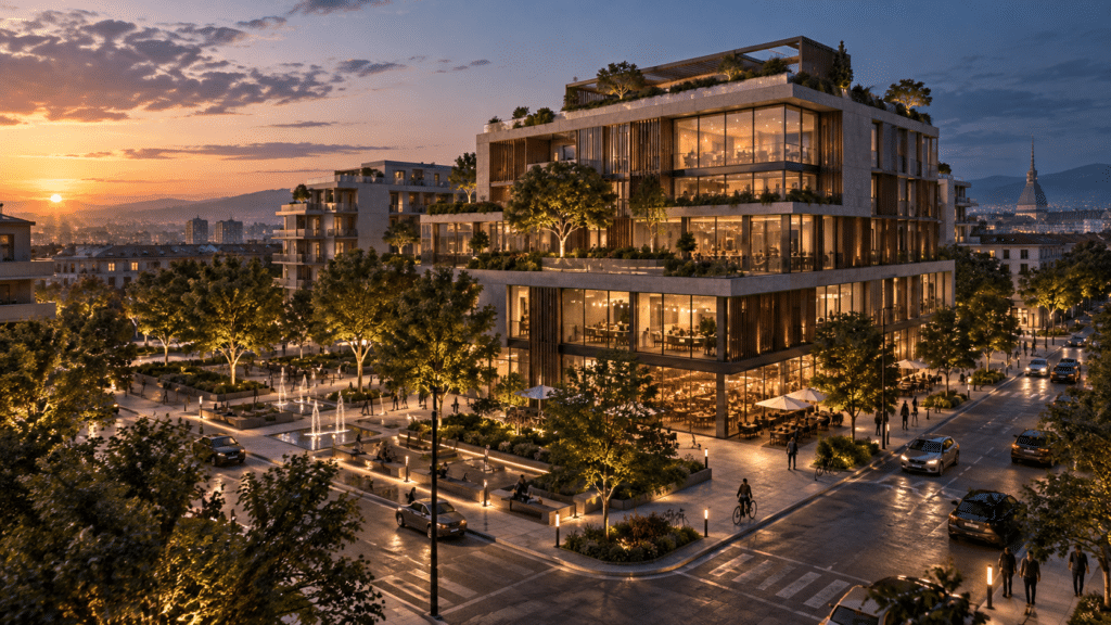 Rendering architettonico fotorealistico di un complesso contemporaneo mixed-use inserito nel contesto urbano al tramonto
