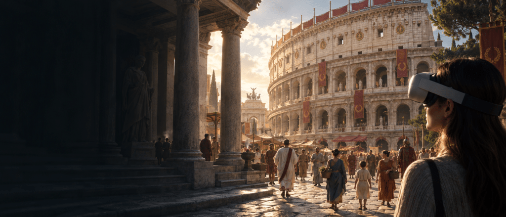 Visitatrice con visore immersivo osserva una ricostruzione realistica dell’Antica Roma, con il Colosseo completo e cittadini romani in abiti storici.