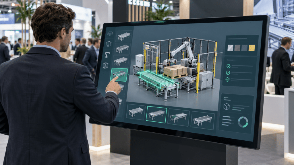 Professionista configura su un grande touchscreen una cella industriale robotizzata scegliendo moduli, varianti e componenti.