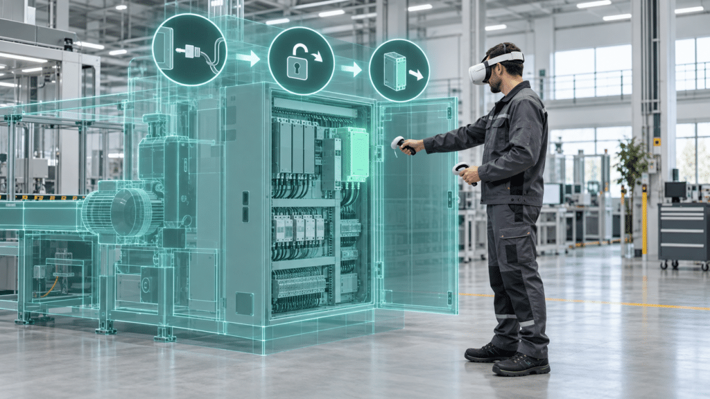 Tecnico con visore VR svolge una procedura guidata di manutenzione su un quadro elettrico industriale virtuale.