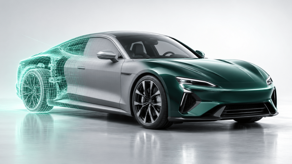 Automobile sportiva visualizzata nella transizione dal modello CAD wireframe alla superficie 3D e al rendering fotorealistico finale verde petrolio.