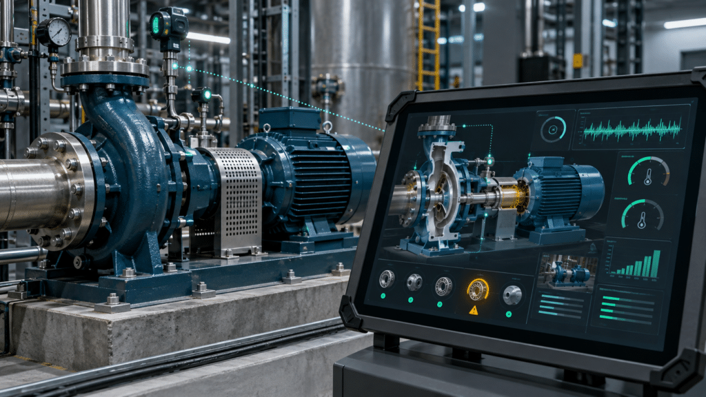 Pompa industriale collegata al suo digital twin interattivo con modello 3D, parametri operativi e segnalazione di un componente da controllare.