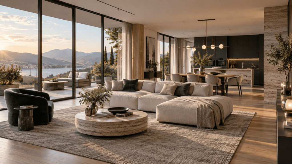 Rendering fotorealistico di un attico contemporaneo con arredi di design, materiali naturali e vista panoramica.