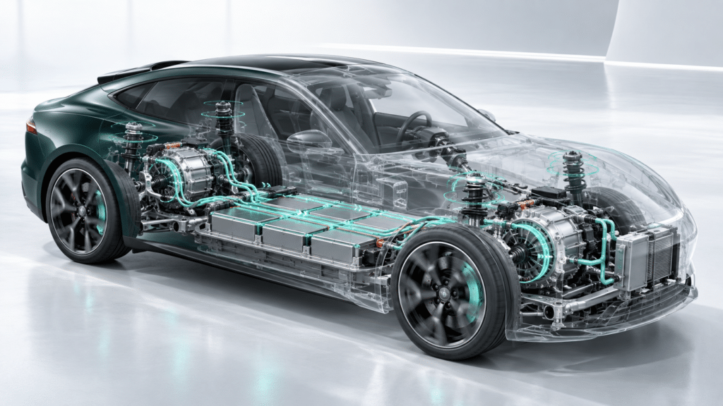 Automobile elettrica con carrozzeria trasparente che mostra batteria, motori, sospensioni e flussi energetici del powertrain in un’animazione tecnica 3D.