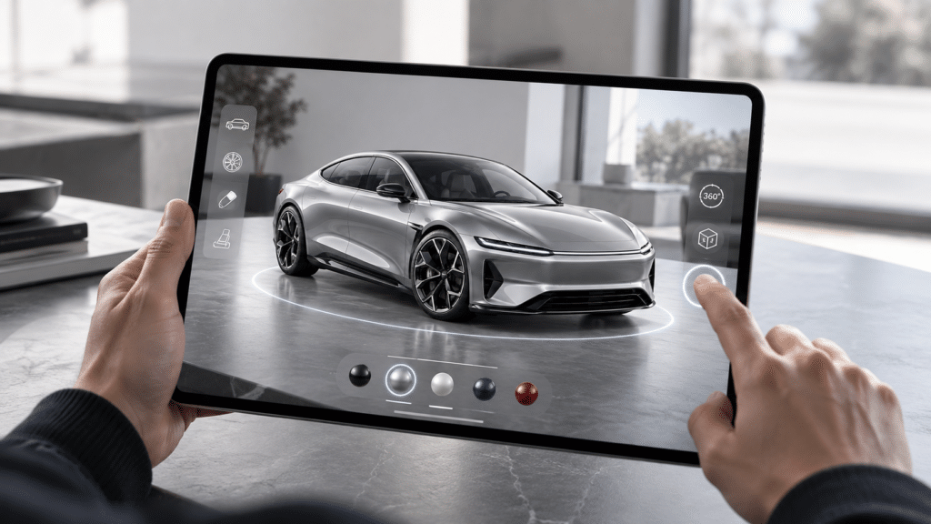 Utente visualizza e personalizza un’automobile in realtà aumentata attraverso un tablet.
