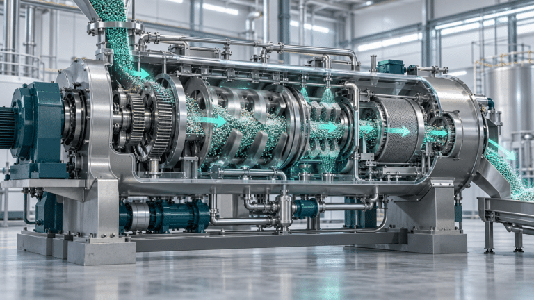 Visuale di servizio di un macchinario industriale in sezione con componenti interni e flusso del processo.