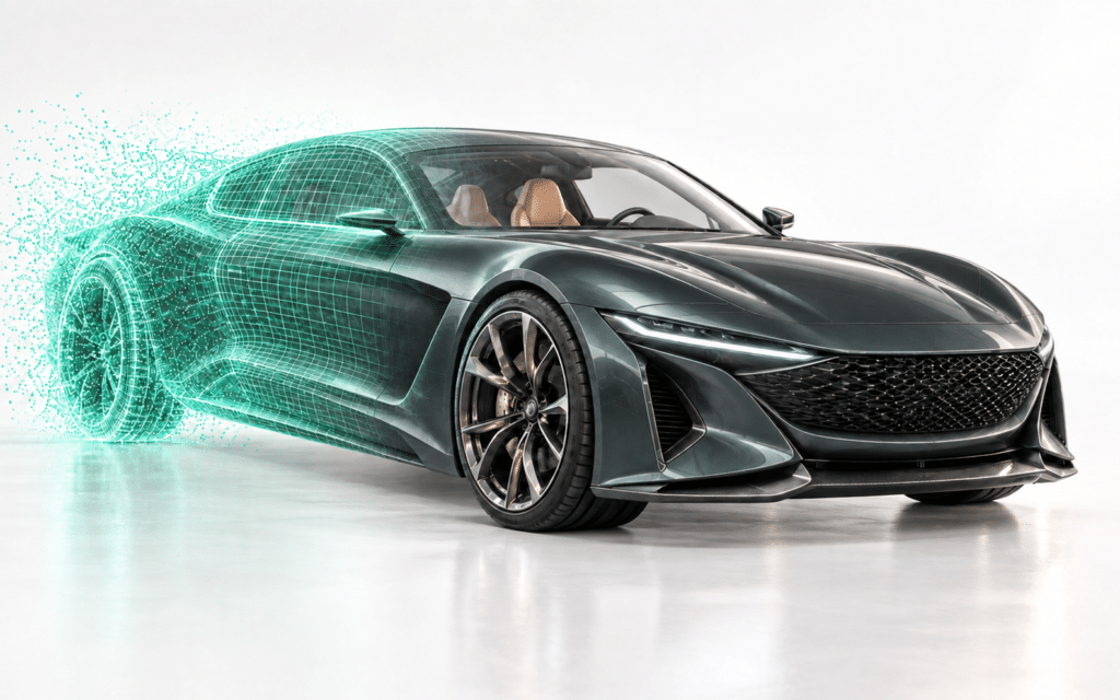 Automobile in rendering 3D che passa da wireframe verde a visualizzazione fotorealistica su sfondo bianco.