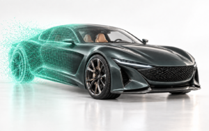 Automobile in rendering 3D che passa da wireframe verde a visualizzazione fotorealistica su sfondo bianco.