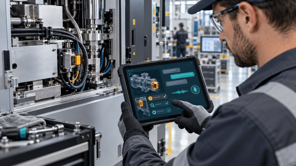 Tecnico utilizza su tablet un assistente AI vocale che identifica un componente guasto e mostra la procedura di intervento sul macchinario.