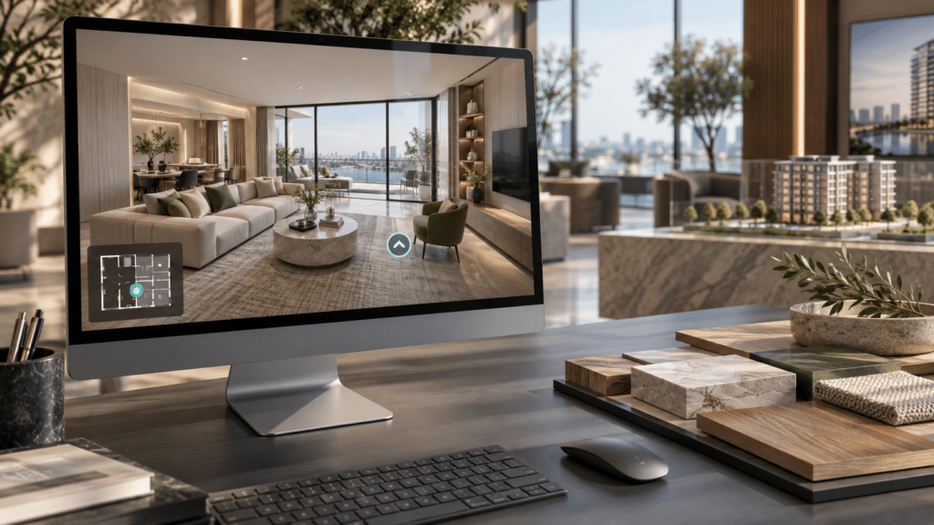 Virtual tour di un appartamento visualizzato su computer con navigazione interattiva e campioni di materiali.