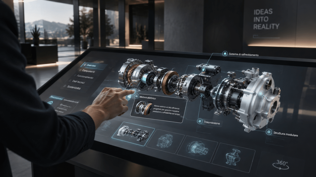 Applicazione interattiva 3D con visualizzazione esplosa di un prodotto industriale su touchscreen