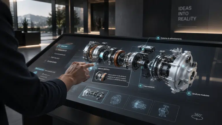 Applicazione interattiva 3D con visualizzazione esplosa di un prodotto industriale su touchscreen