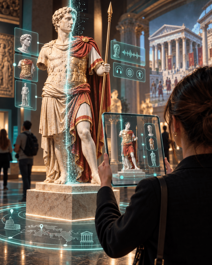 Esperienza museale innovativa con scansione 3D di una statua romana, ricostruzione digitale a colori, interfacce interattive e percorso culturale aumentato.