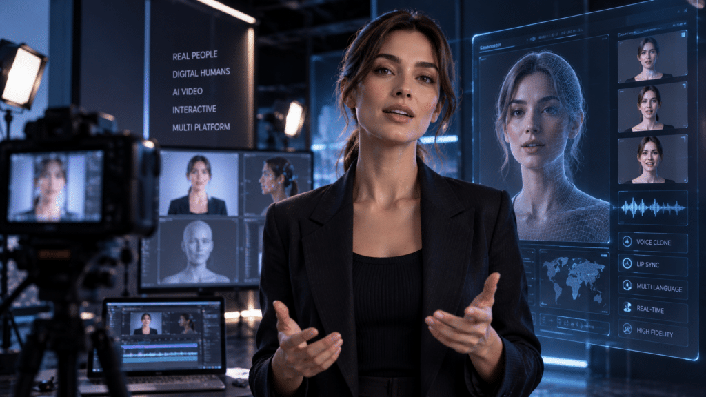Digital Human realistico con interfaccia AI per clonazione di volto, voce e animazioni digitali