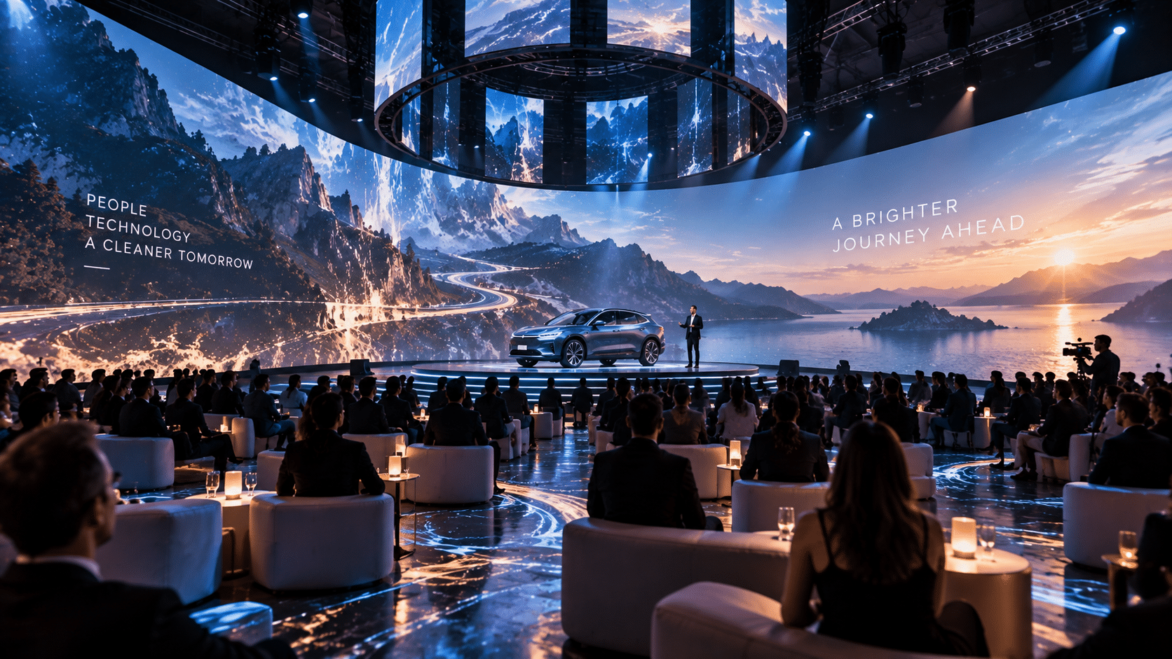 Evento immersivo aziendale con proiezioni digitali e presentazione di prodotto davanti al pubblico