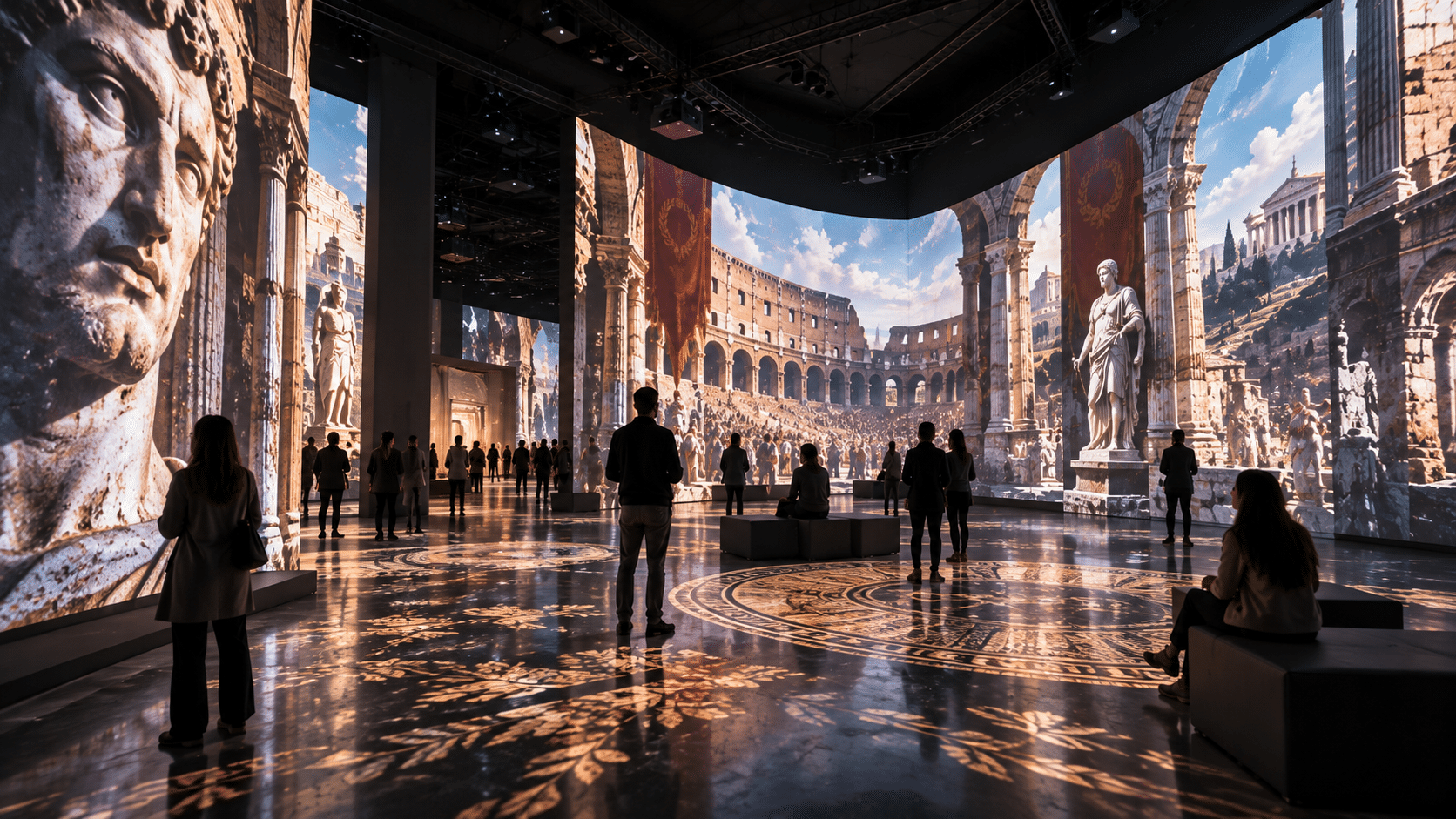 Mostra immersiva con proiezioni panoramiche e visitatori in uno spazio espositivo digitale