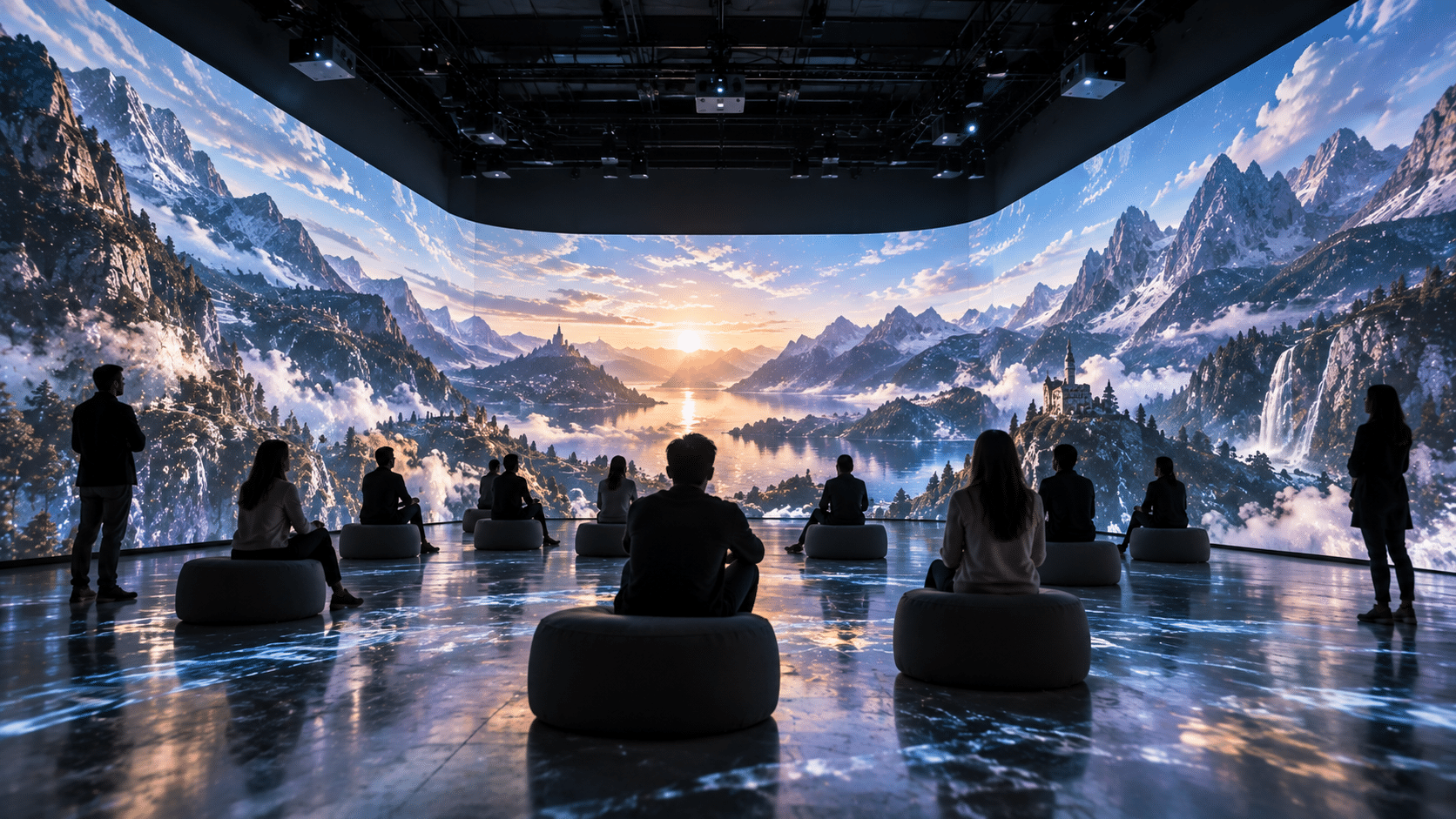 Sala immersiva con contenuti panoramici proiettati su più pareti intorno al pubblico