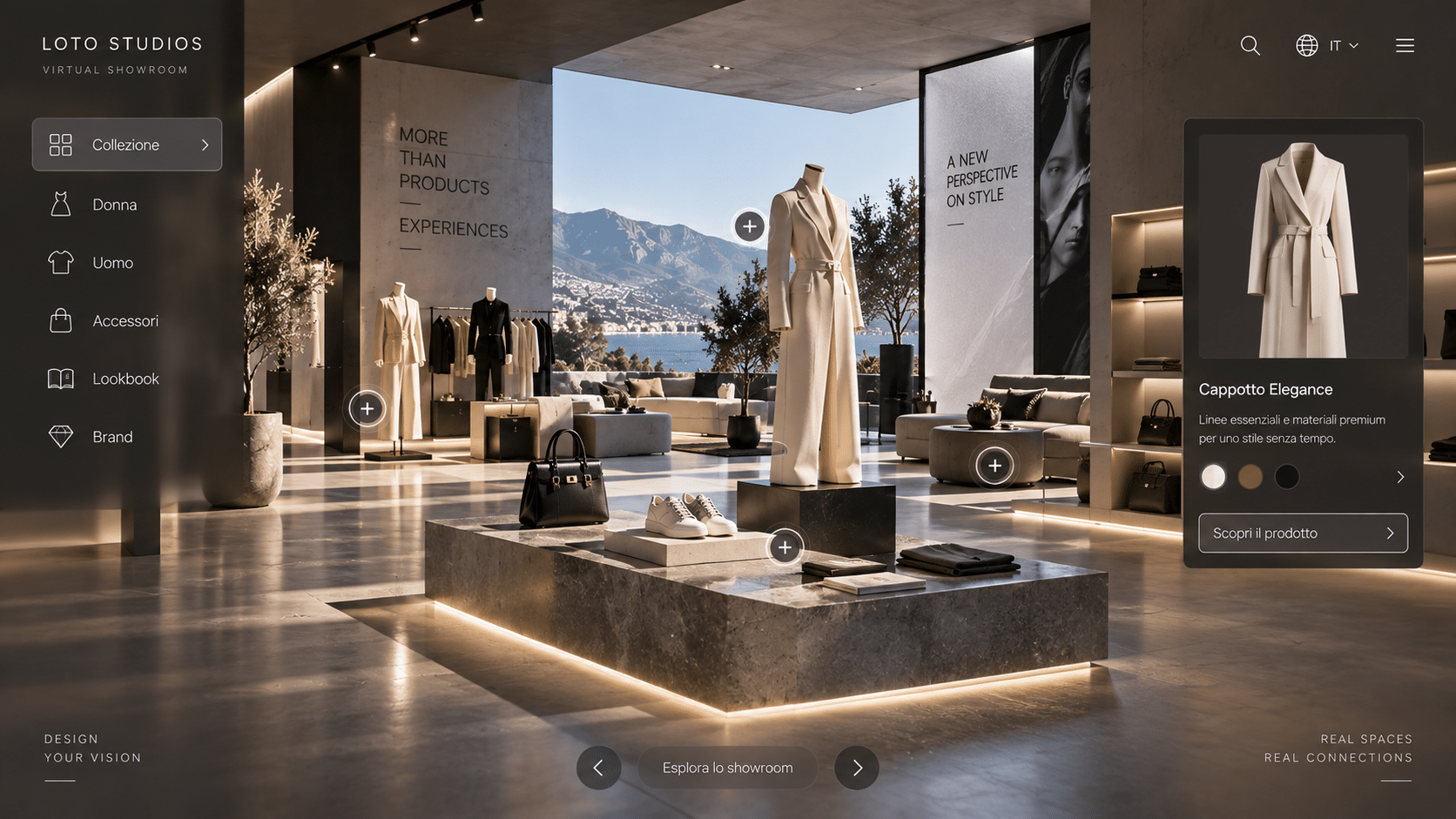 Showroom virtuale 3D con prodotti fashion, hotspot interattivi e navigazione digitale