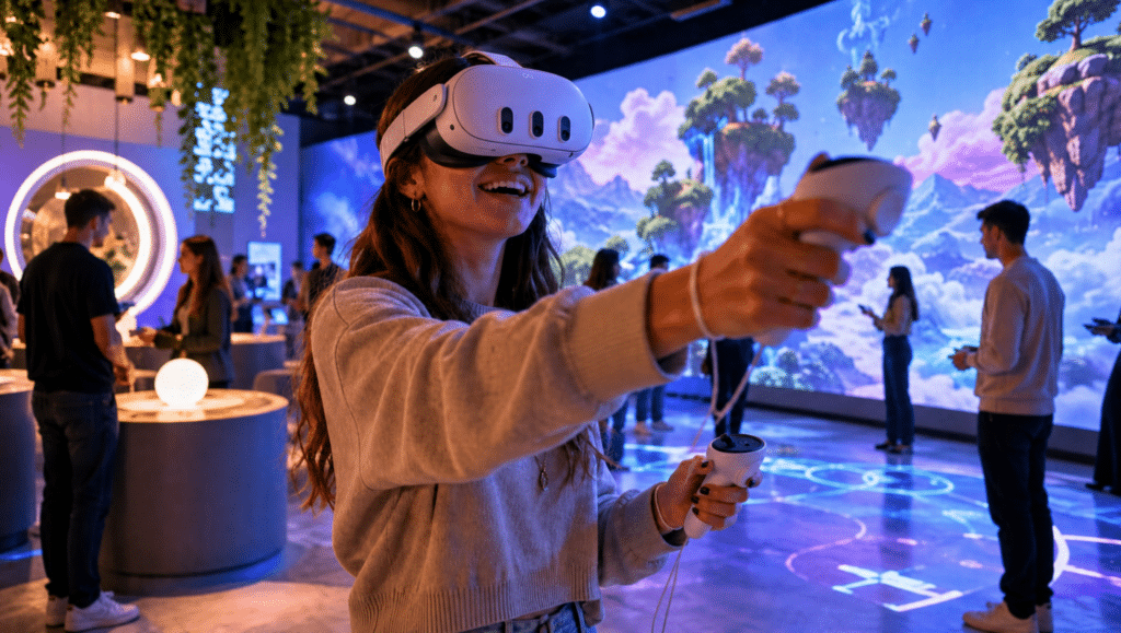 VR-immersive ragazza felice con oculus quest 3