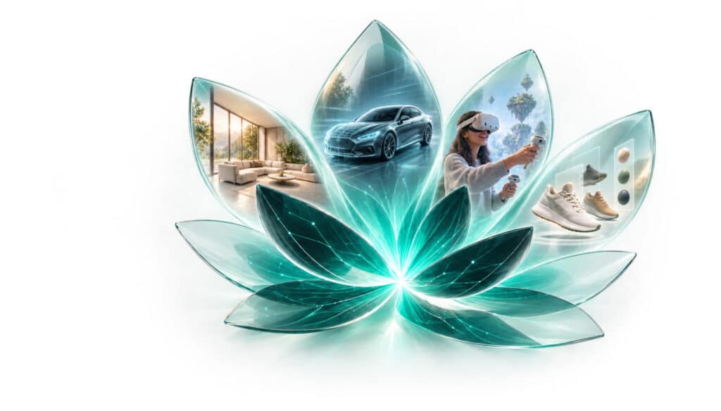 fiore di loto digitale con rendering automotive, architettura, realtà virtuale e configuratore di prodotto integrati nei petali.