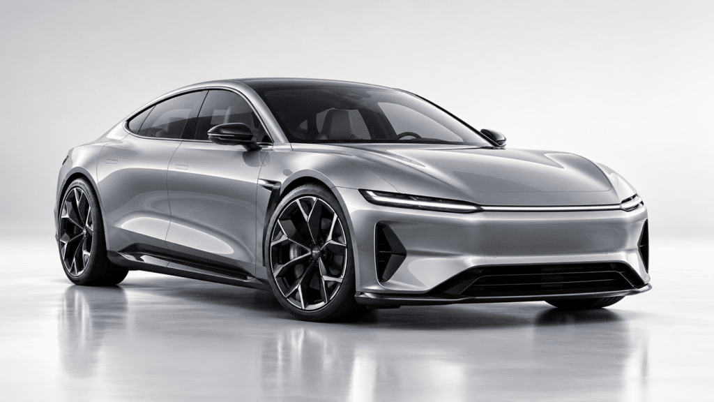 Rendering fotorealistico di un’automobile sportiva argentata su fondale neutro da studio.