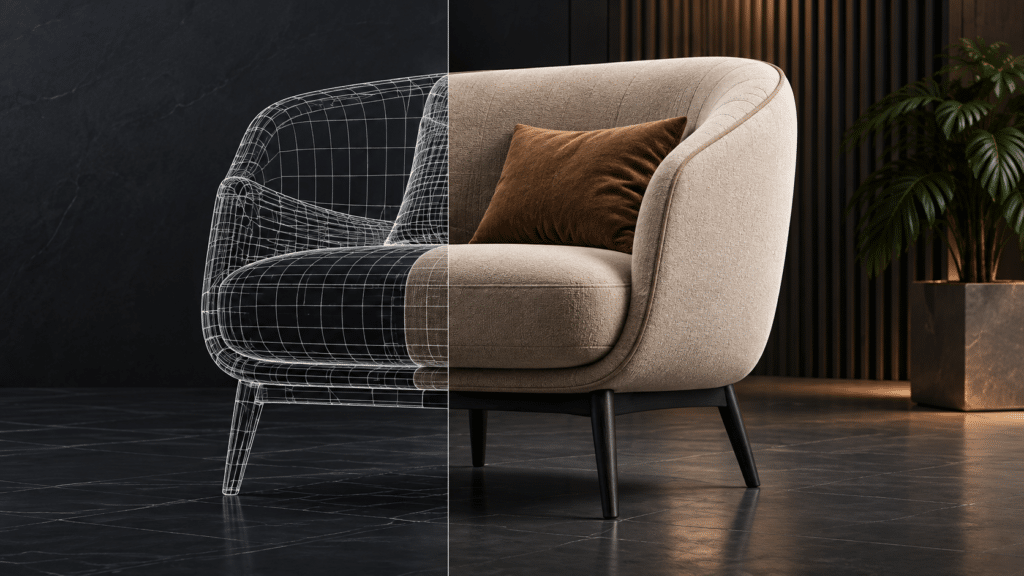 Rendering 3D di una poltrona con confronto tra modello wireframe e risultato fotorealistico finale