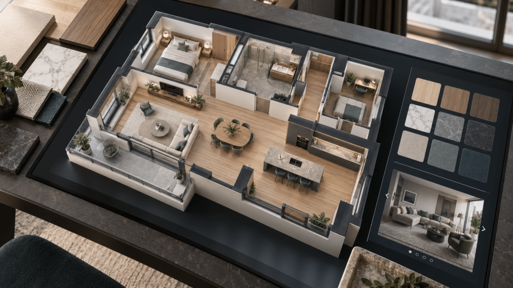 Configuratore digitale con modello 3D di un appartamento e selezione di pavimenti, rivestimenti e tessuti