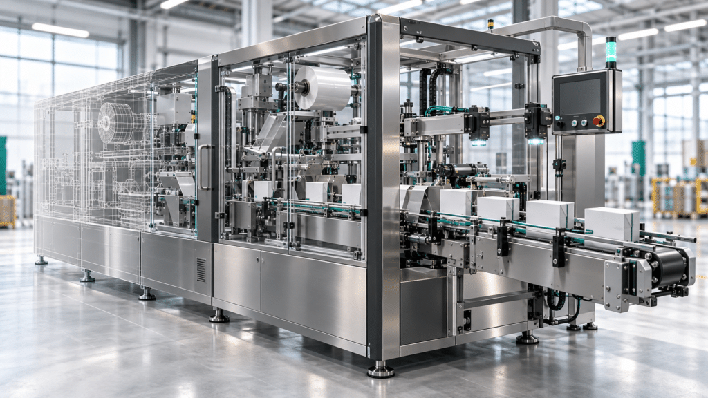 Linea automatizzata di confezionamento visualizzata nella transizione dal modello CAD wireframe al rendering 3D fotorealistico.