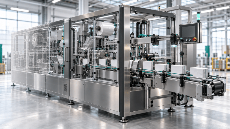 Linea automatizzata di confezionamento visualizzata nella transizione dal modello CAD wireframe al rendering 3D fotorealistico.