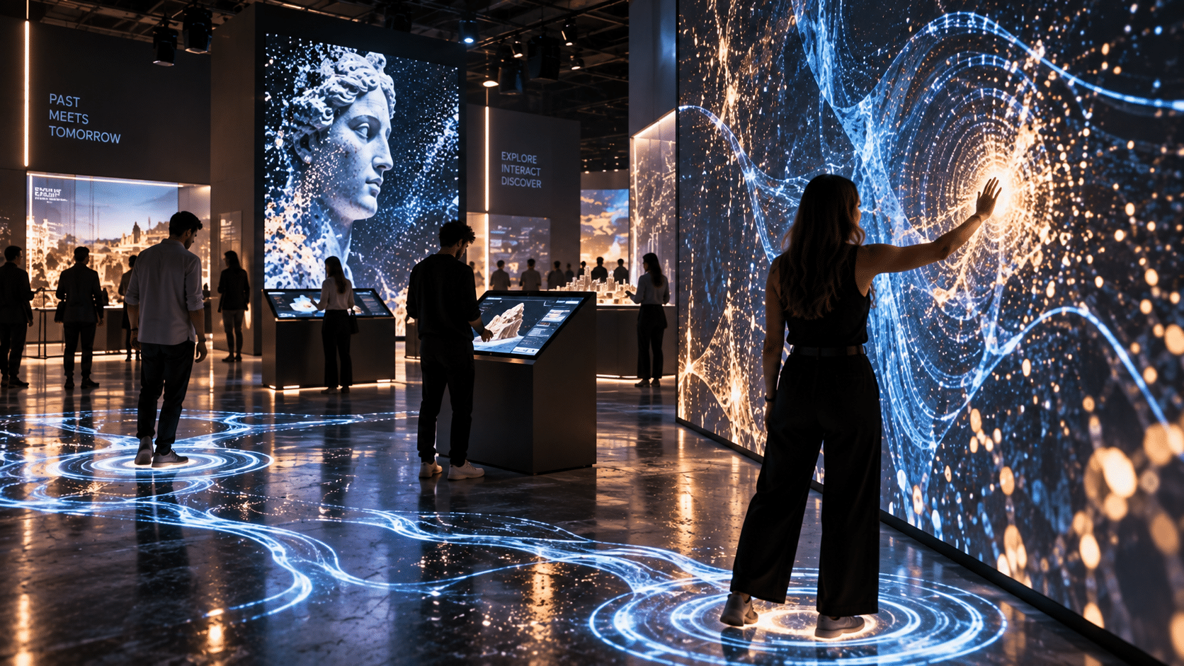Installazione interattiva con pareti digitali e visitatori che controllano i contenuti tramite movimento e touch