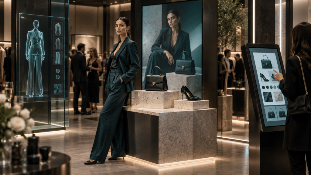 Evento fashion in una boutique con modella, borse e calzature esposte, campagna digitale e totem interattivo per esplorare varianti e materiali dei prodotti.