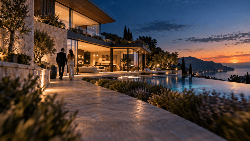 Fotogramma di un’animazione 3D architettonica con una coppia che percorre la terrazza di una villa contemporanea al tramonto.