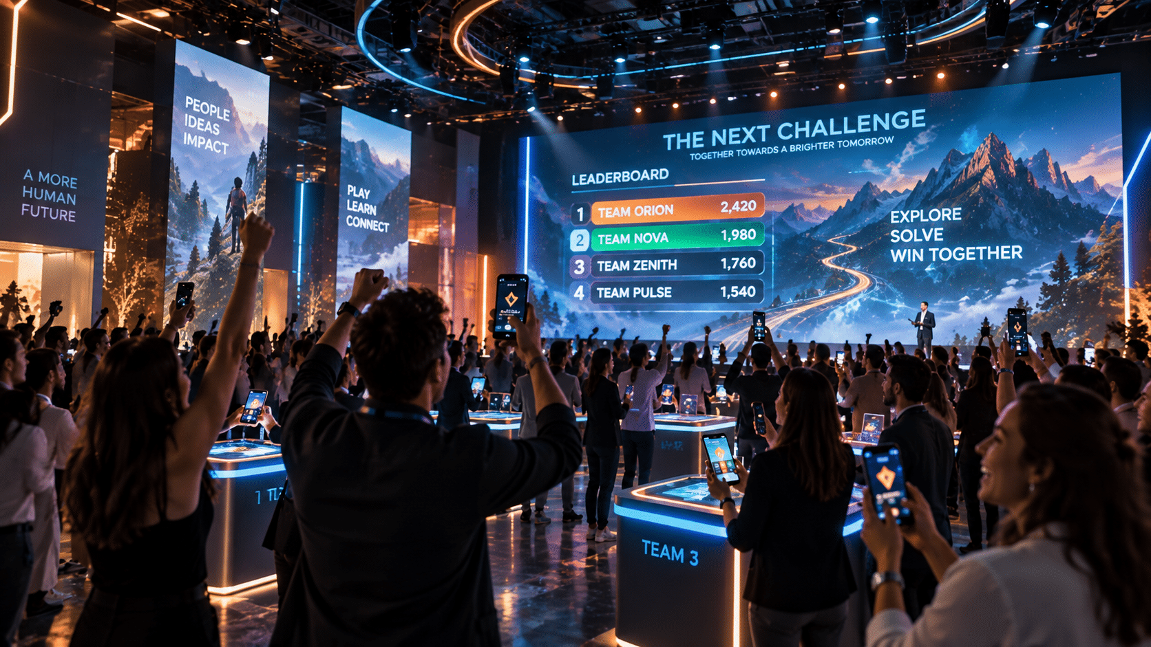 Gamification per evento aziendale con partecipanti, sfide interattive e classifica su grande schermo