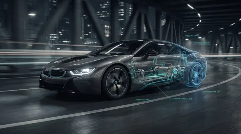 Animazione 3D automotive fotorealistica con visualizzazione tecnica di componenti meccanici e sistemi interni del veicolo.