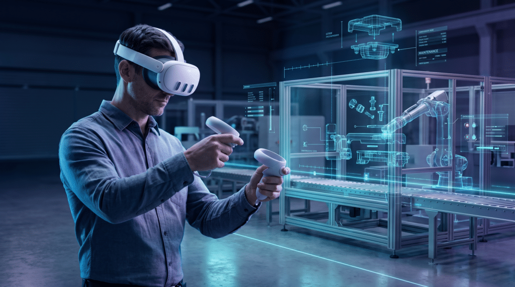 Realtà virtuale applicata all’industria con simulazione 3D e digital twin di impianti produttivi.