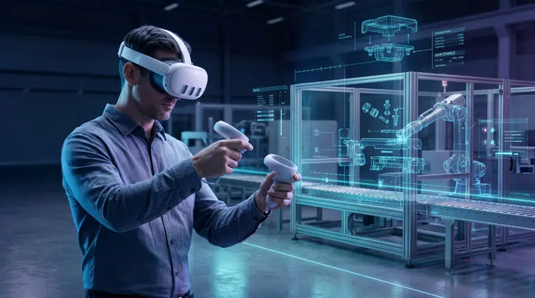 Realtà virtuale applicata all’industria con simulazione 3D e digital twin di impianti produttivi.