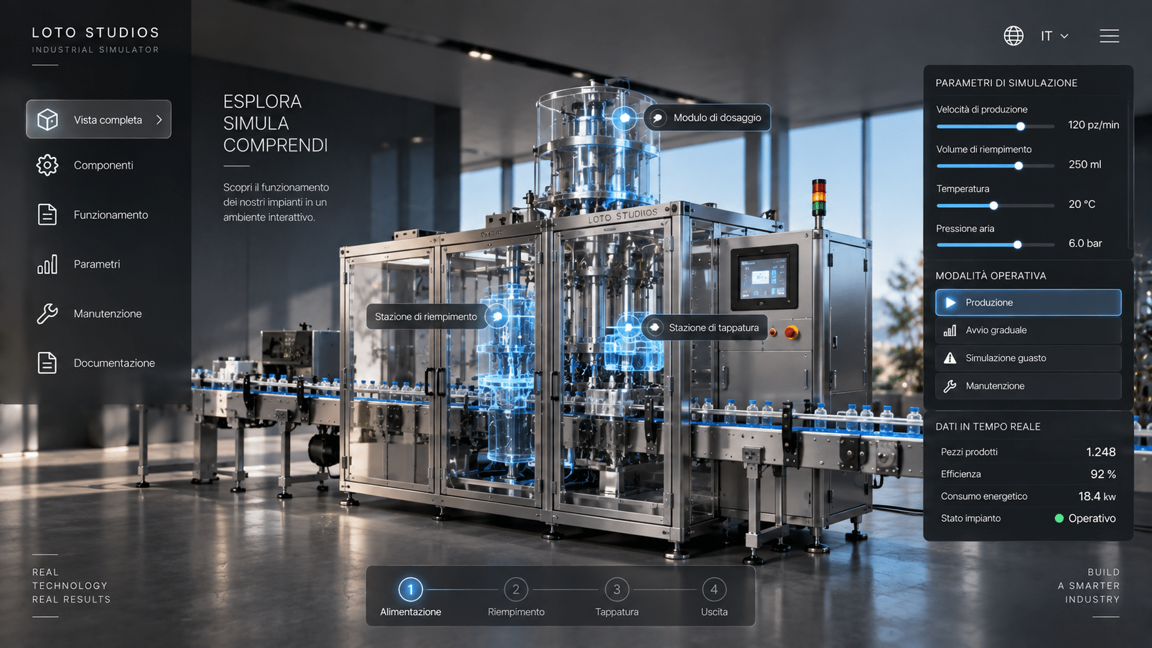 Simulatore interattivo 3D di un macchinario industriale con parametri e dati operativi