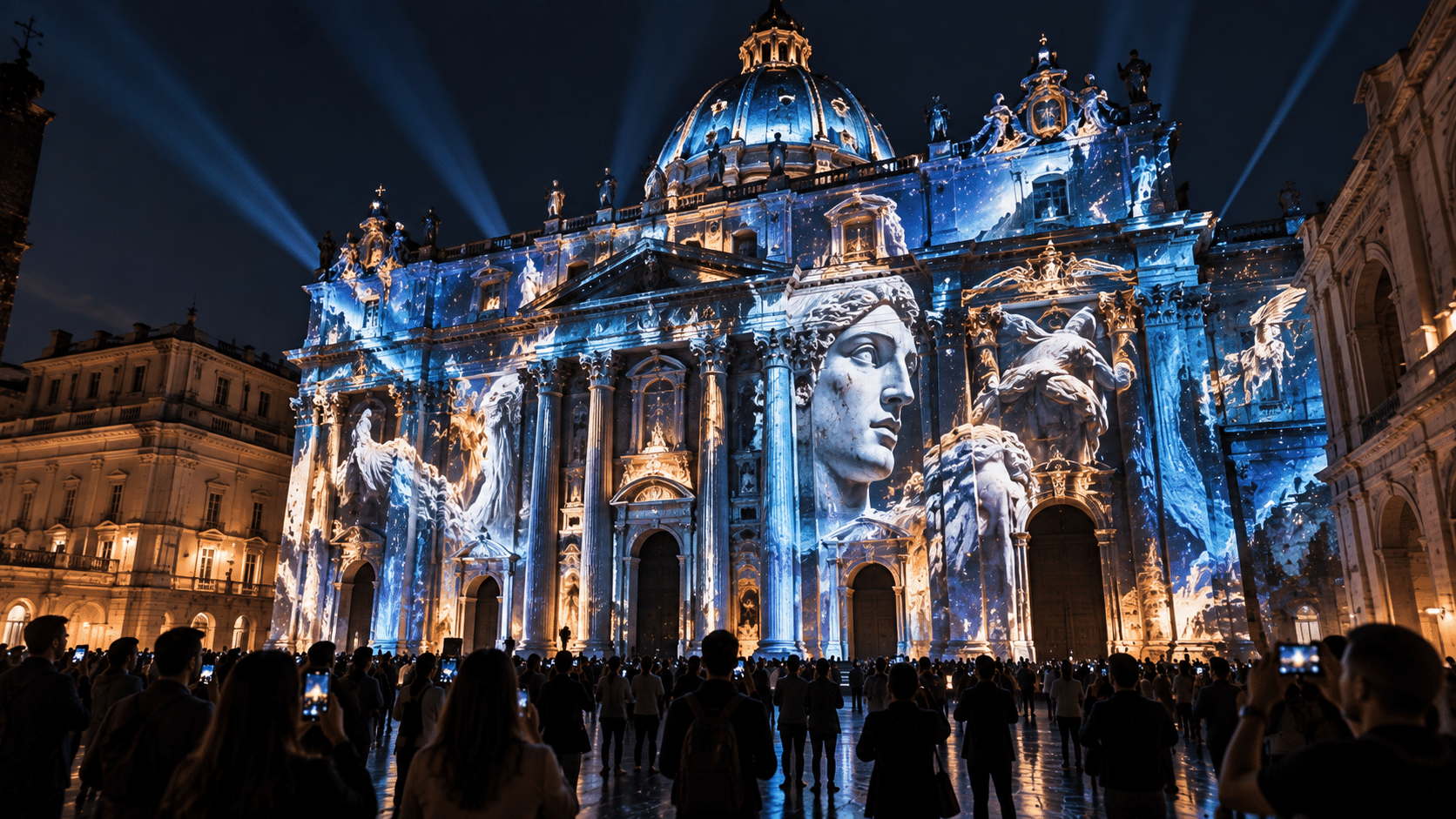 Videomapping 3D su una facciata architettonica con animazioni progettate sulla geometria dell’edificio