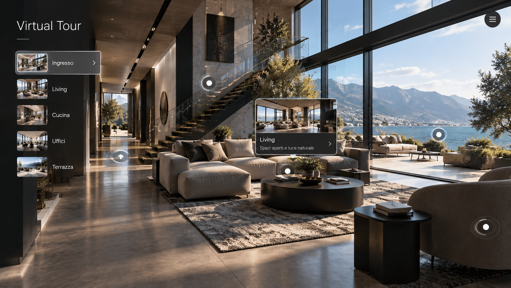 Virtual tour interattivo di un ambiente moderno con hotspot e navigazione 3D
