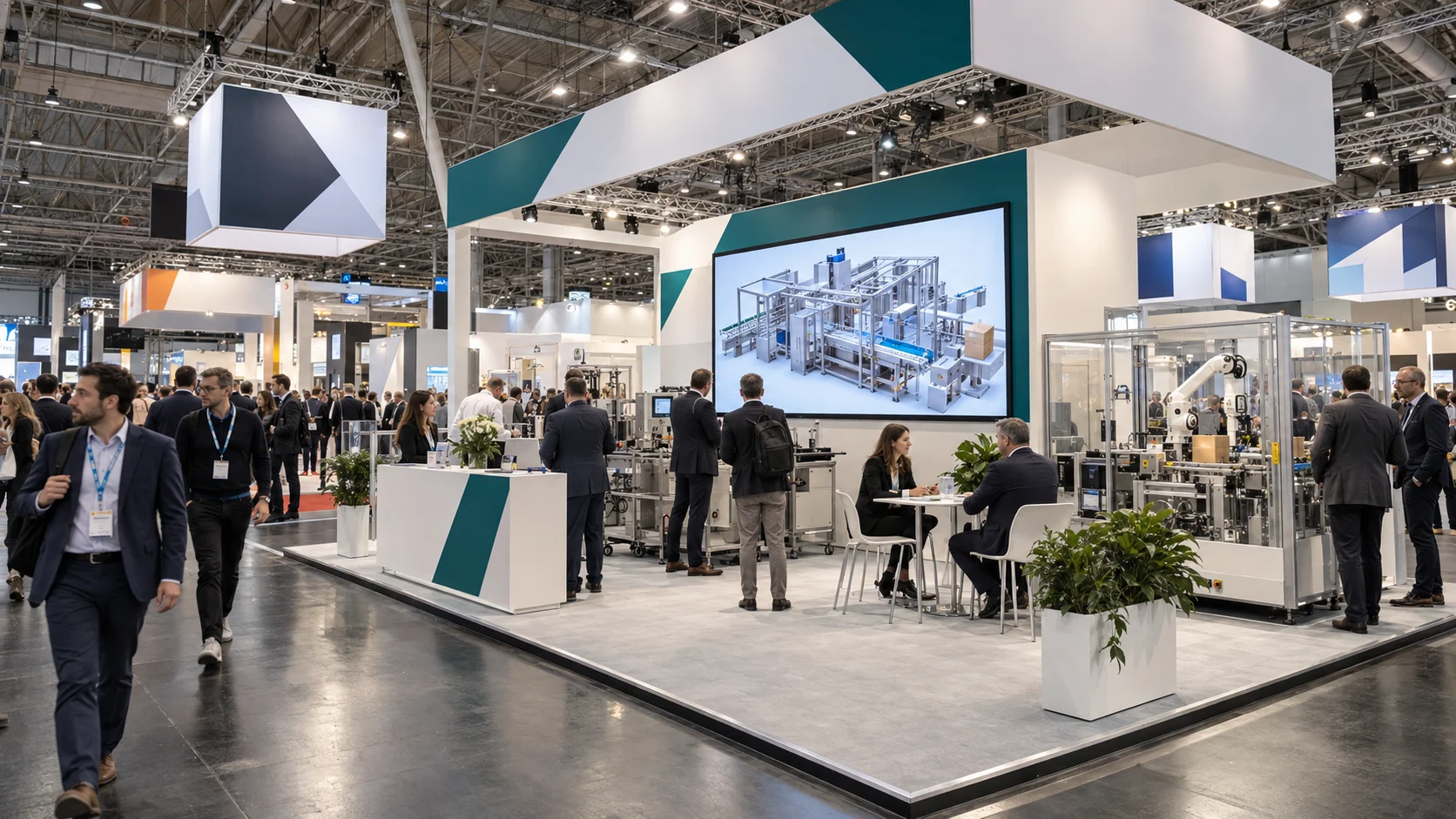 Visual illustrativo di una fiera industriale con stand aperto, macchinari e video 3D su schermo.