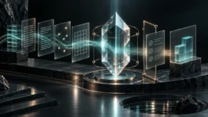 Illustrazione astratta di un prisma luminoso che collega documenti, tabelle e forme tridimensionali